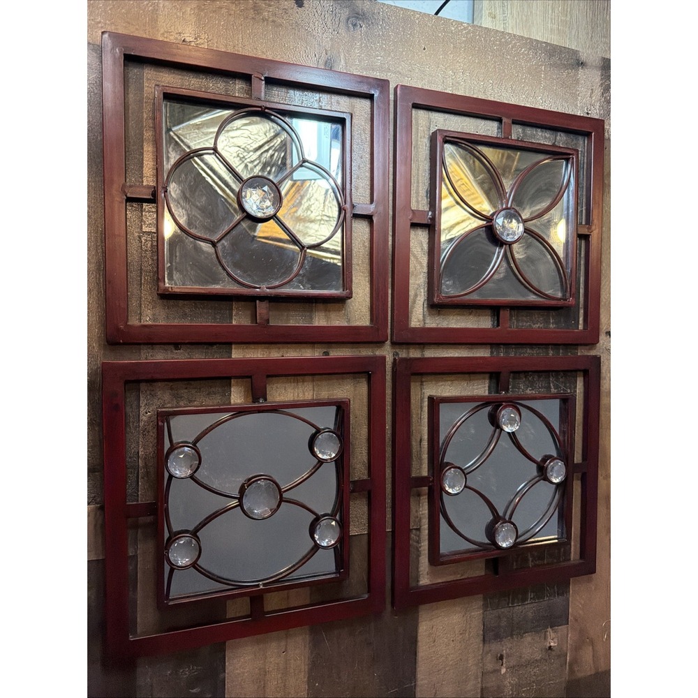 Set of 4 Vintage Gothic Wall Mirrors Red Metal Geometric Jeweled Window Panels